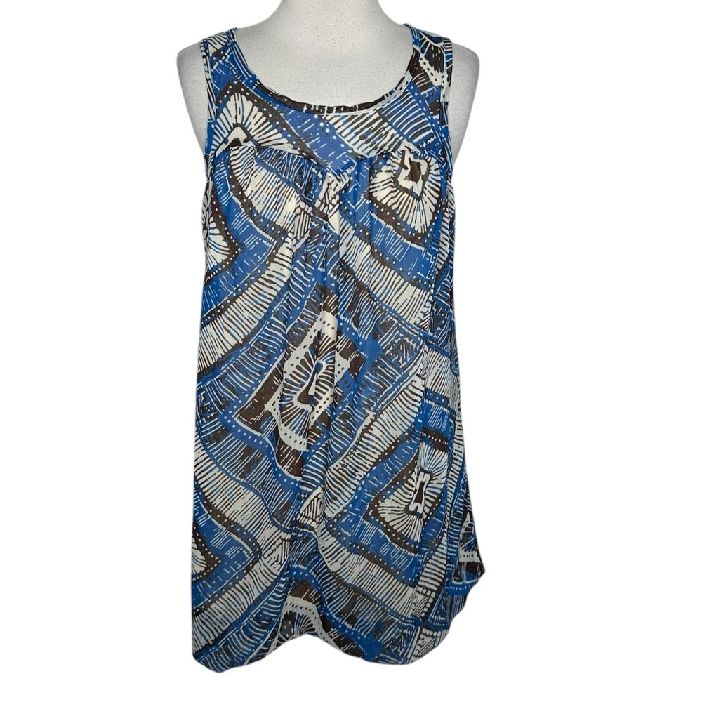Ophelia Tank Bubble Dress Womens L Blue Brown Abstract Print Boho Western